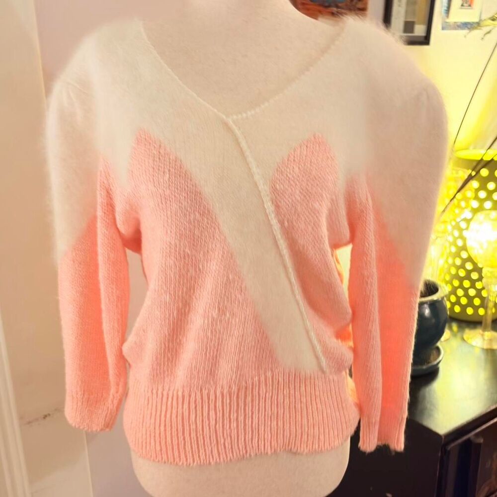 White & pink vintage sweater with angora neckline and sleeve details